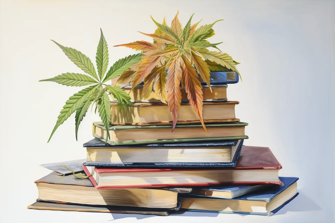 Auf einem Stapel Bücher, der übereinander liegt, liegen einige Blätter von der Cannabispflanze.